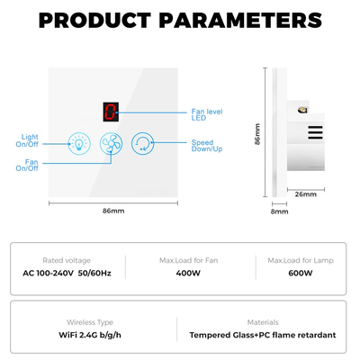 غلوماركت تويا Wifi Fan Light Switch Touch 3 In 1 Switch 5 Speed Adjustment Ceiling Fan Switch For Alexa جوجل هوم